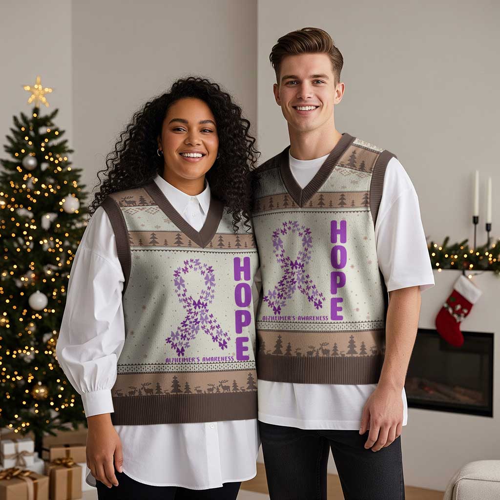 Hope Alzheimer's Awareness Purple Butterfly Ribbon Support V-Neck Knit Sweater Vest