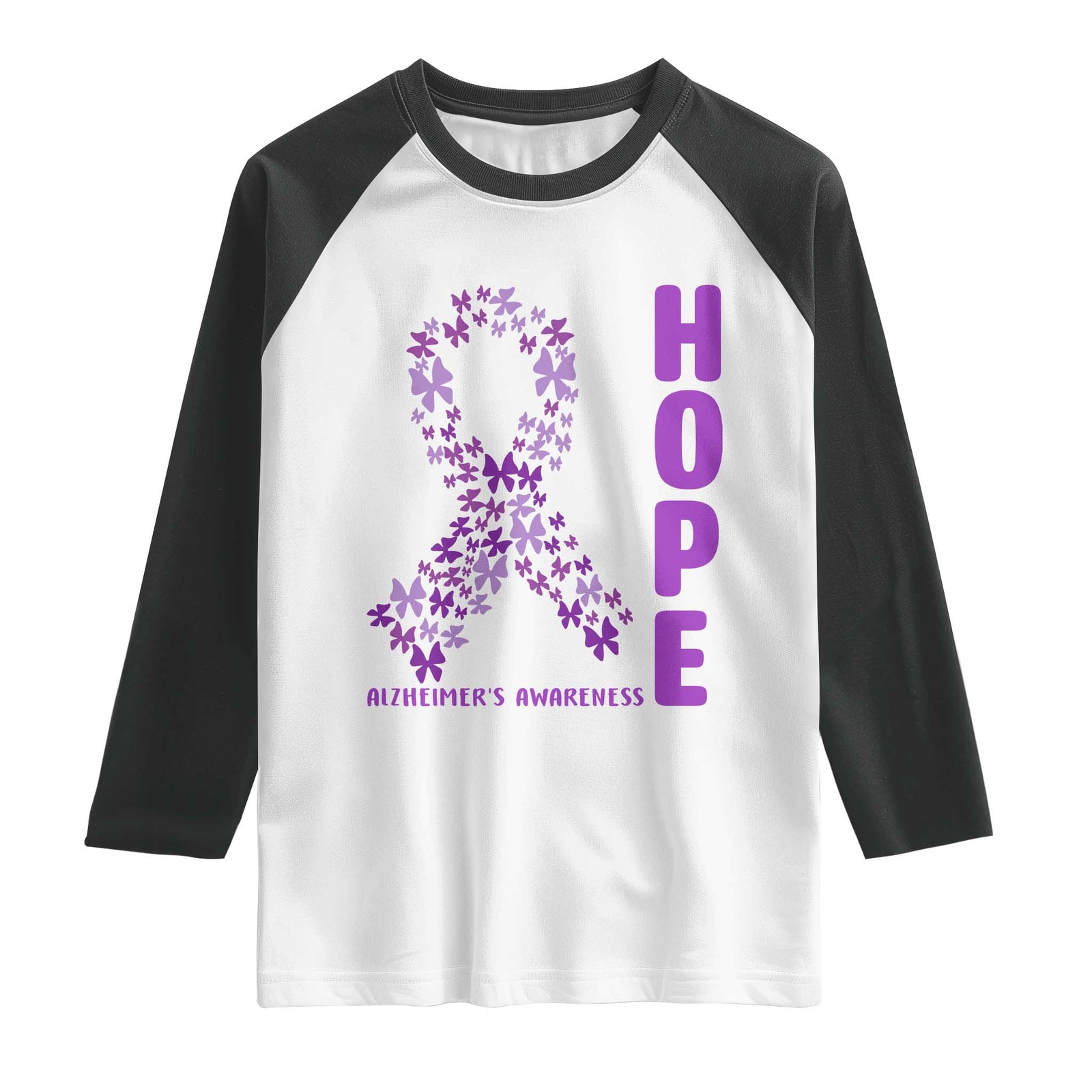 Hope Alzheimer's Awareness Purple Butterfly Ribbon Support Raglan Shirt TS12 White Black Print Your Wear