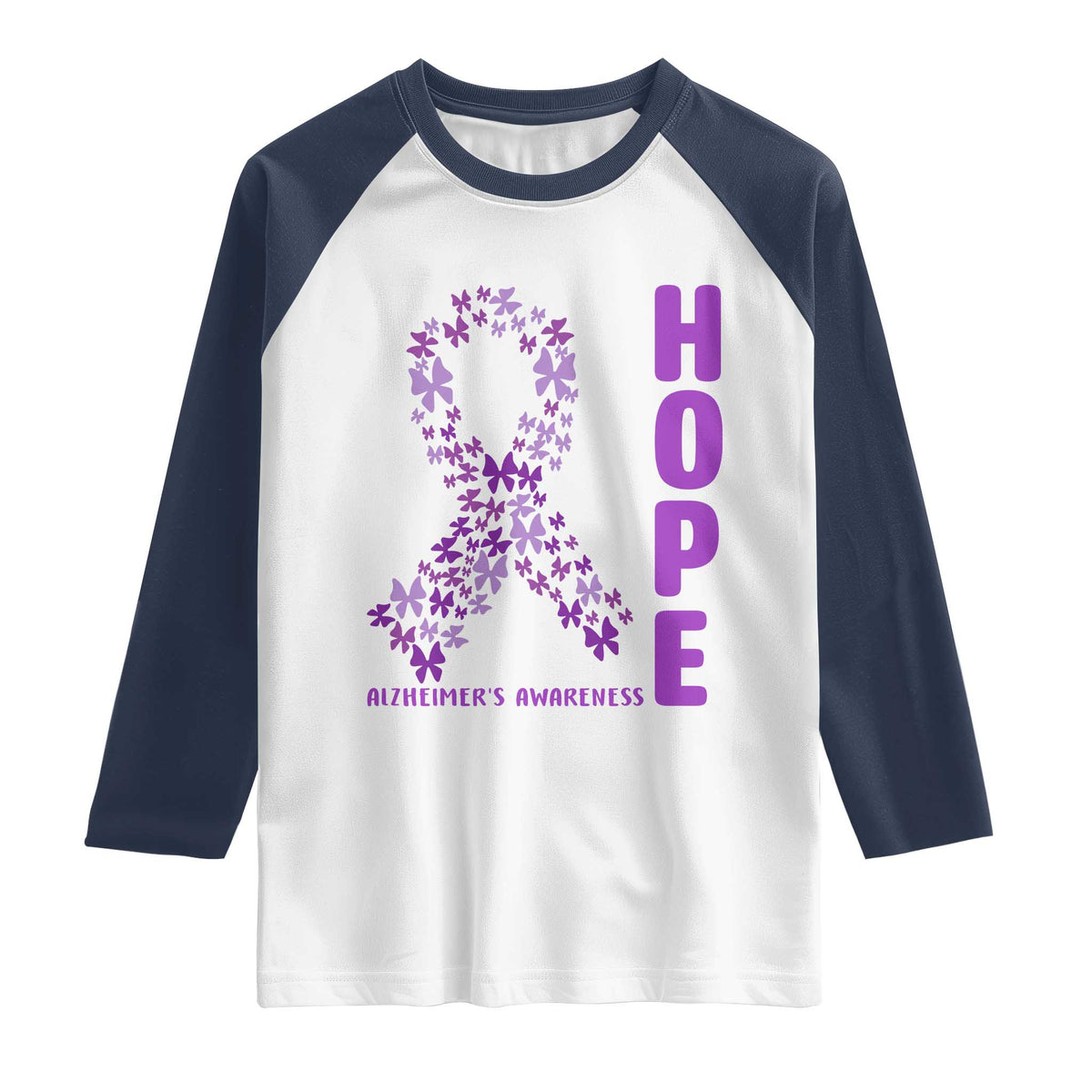 Hope Alzheimer's Awareness Purple Butterfly Ribbon Support Raglan Shirt