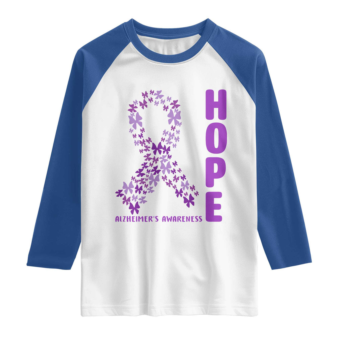 Hope Alzheimer's Awareness Purple Butterfly Ribbon Support Raglan Shirt