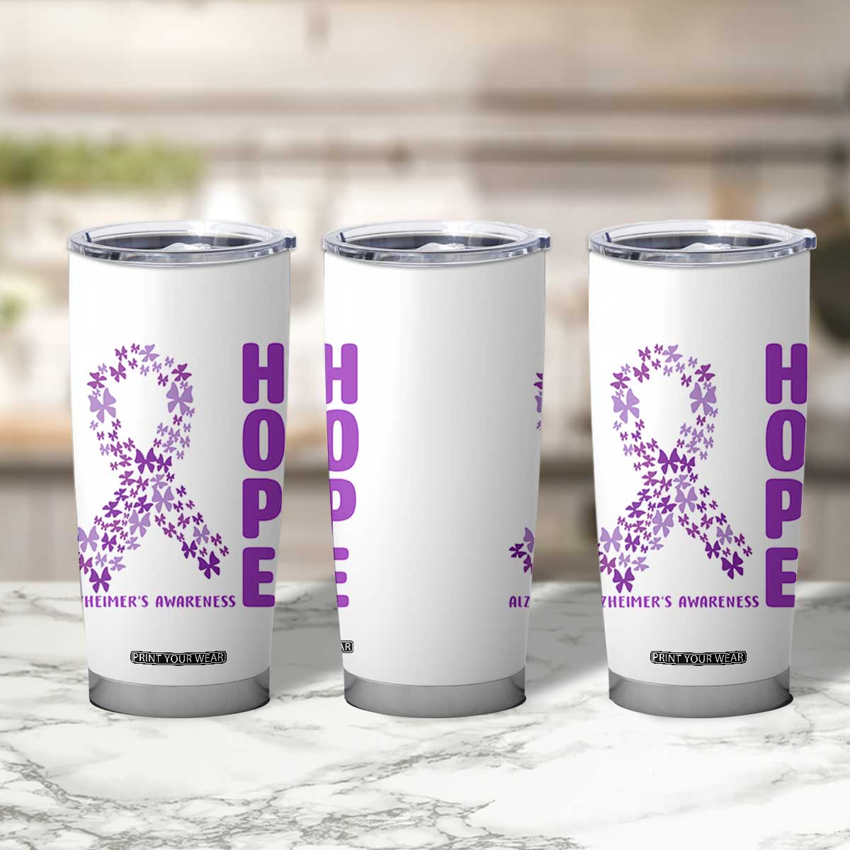 Hope Alzheimer's Awareness Purple Butterfly Ribbon Support Tumbler Cup
