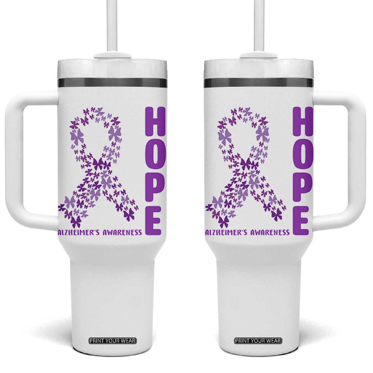 Hope Alzheimer's Awareness Purple Butterfly Ribbon Support Tumbler With Handle TS12 One Size: 40 oz White Print Your Wear