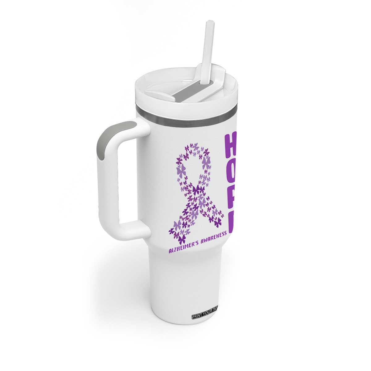 Hope Alzheimer's Awareness Purple Butterfly Ribbon Support Tumbler With Handle
