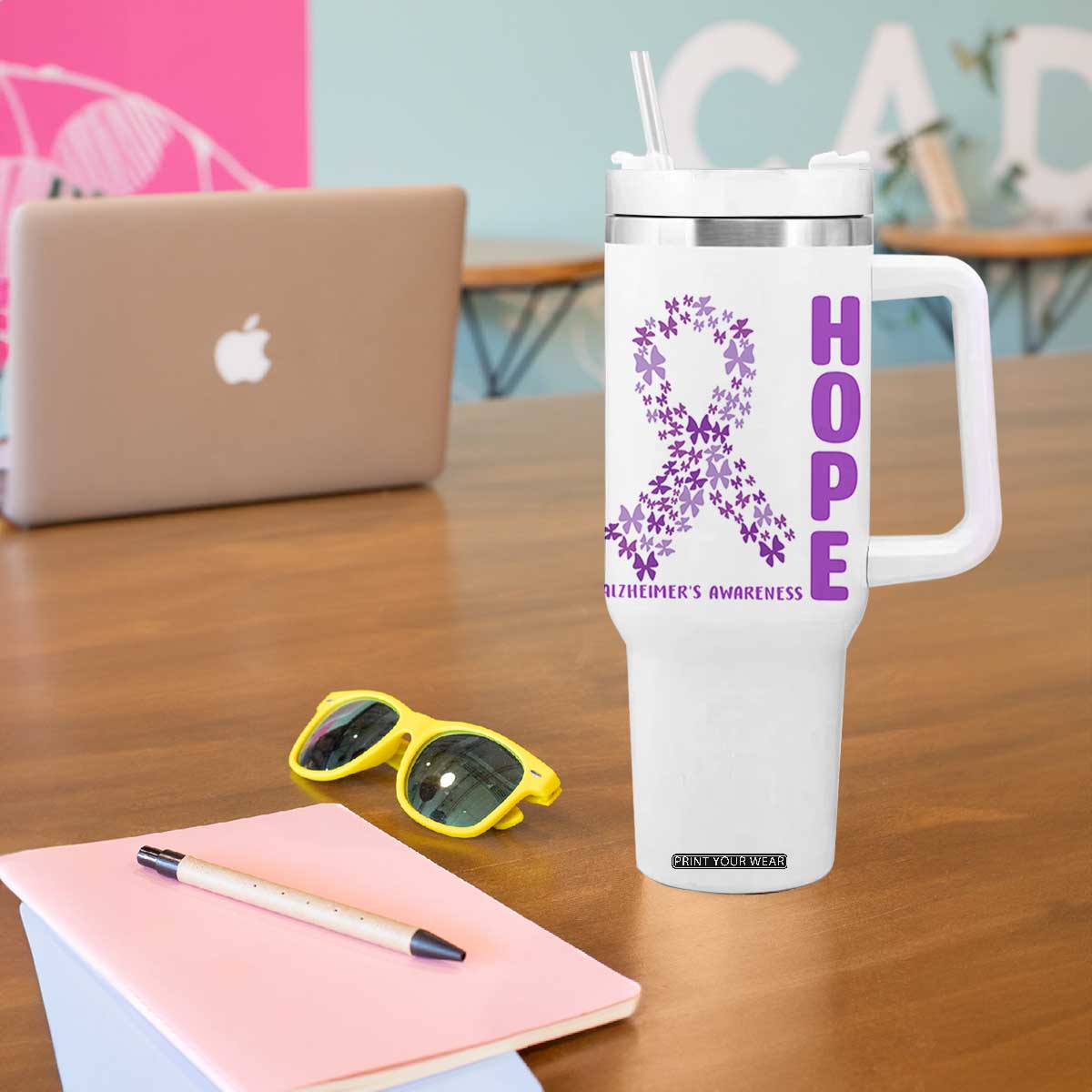 Hope Alzheimer's Awareness Purple Butterfly Ribbon Support Tumbler With Handle