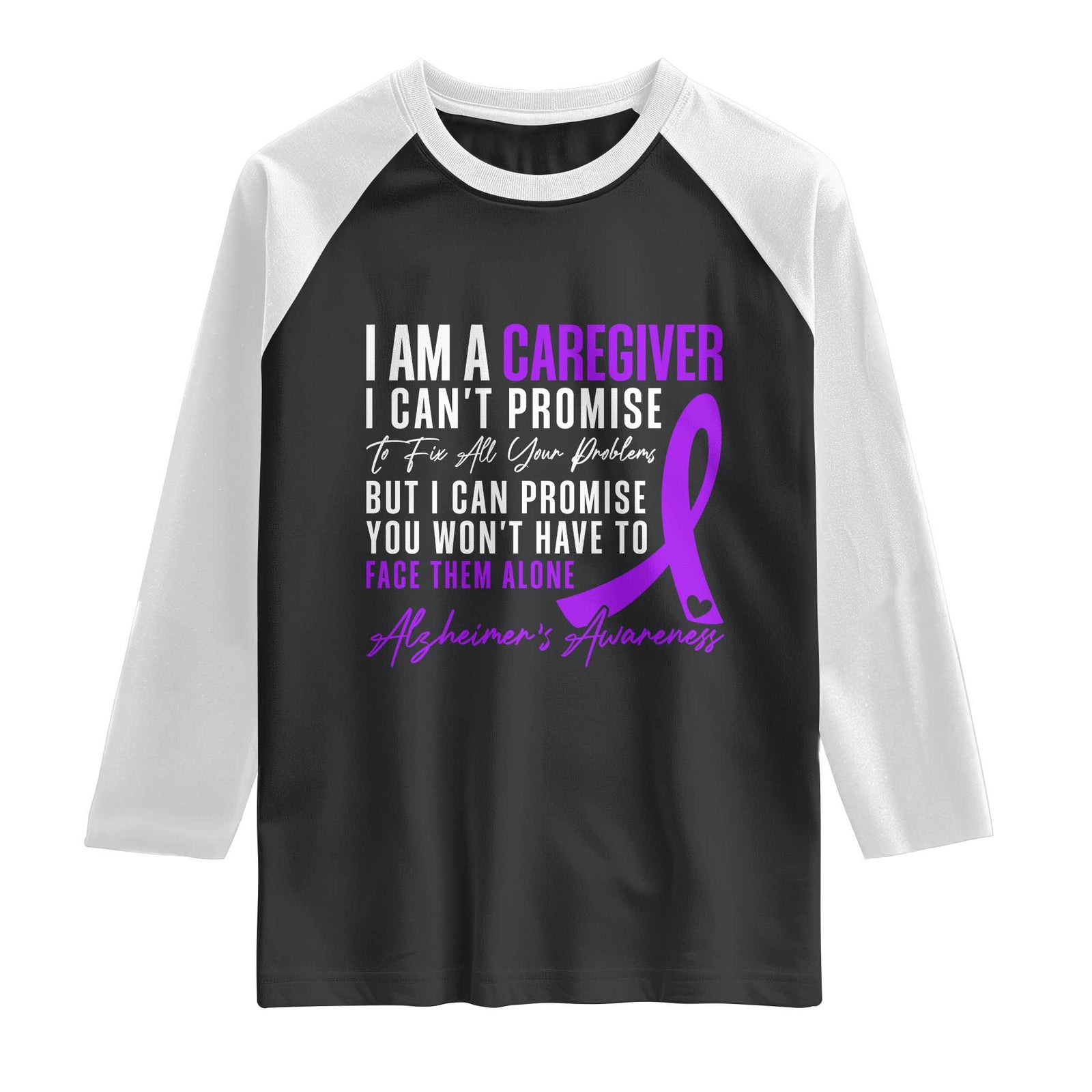 Alzheimer's Caregiver Support Raglan Shirt Purple Ribbon Hope Graphic TS12 Black White Print Your Wear