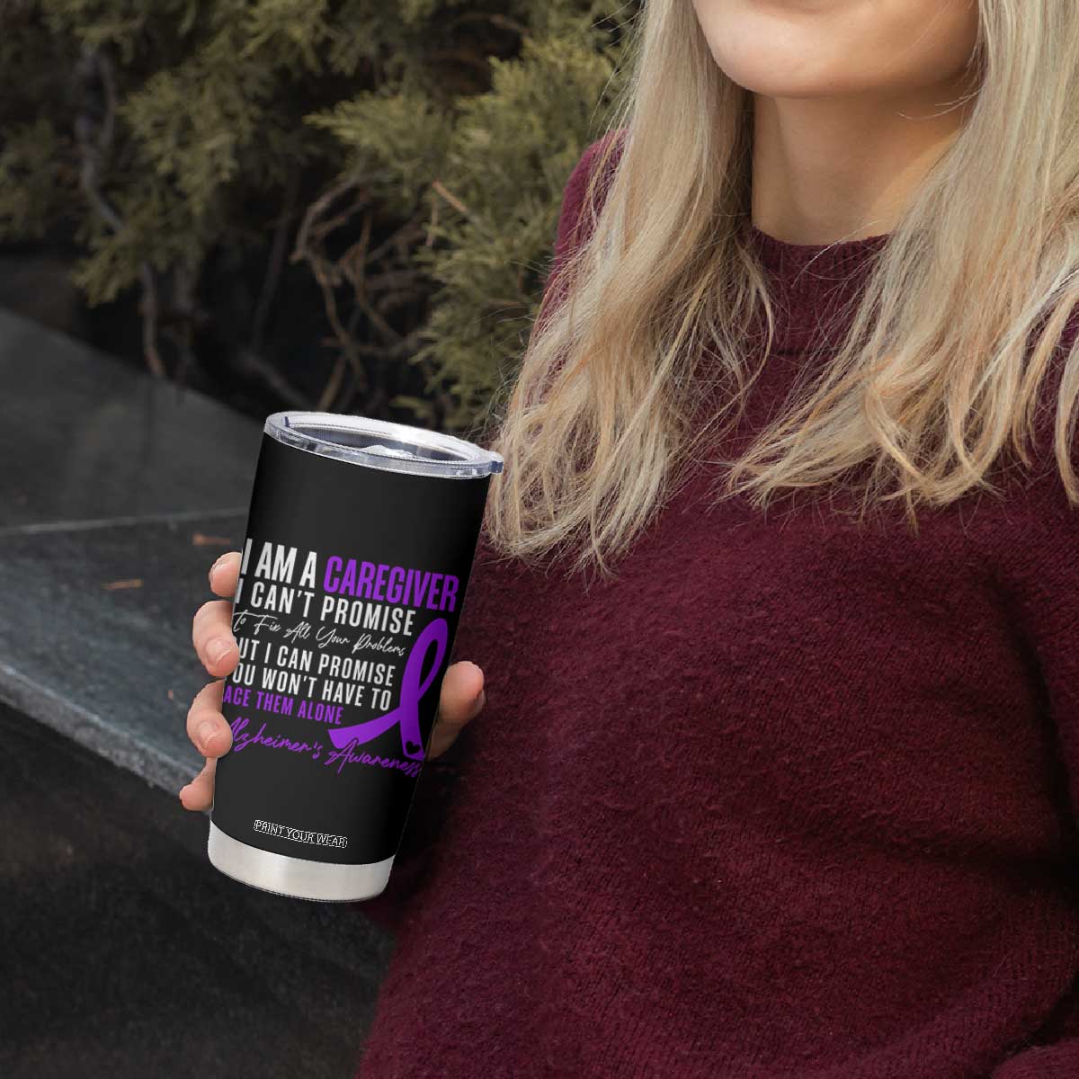Alzheimer's Caregiver Support Tumbler Cup Purple Ribbon Hope Graphic