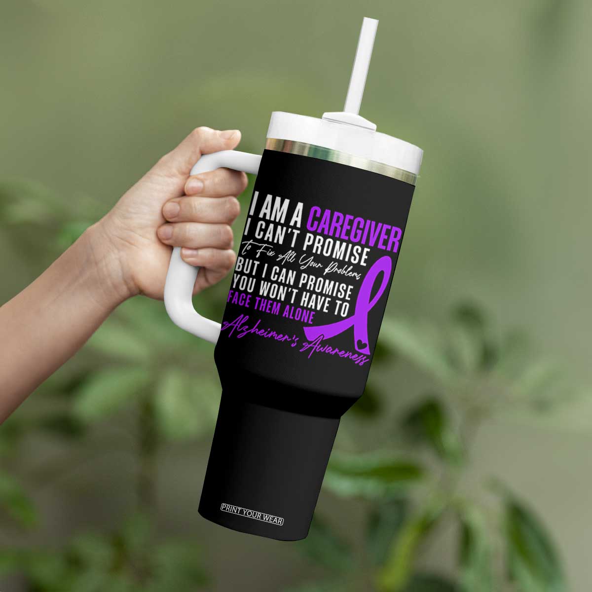 Alzheimer's Caregiver Support Tumbler With Handle Purple Ribbon Hope Graphic