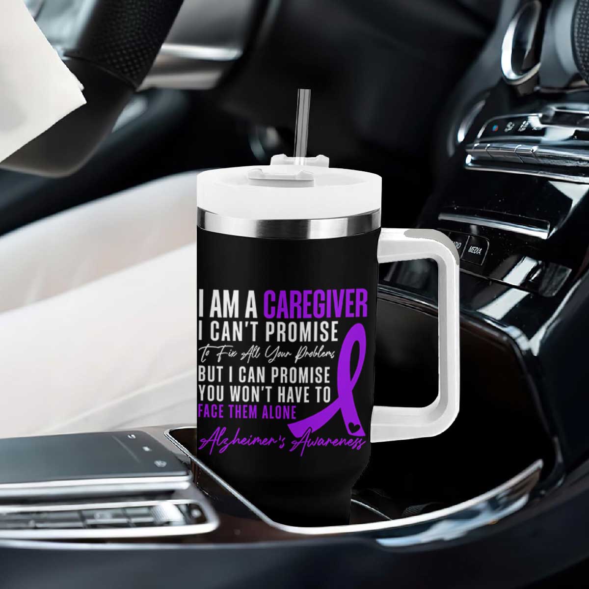 Alzheimer's Caregiver Support Tumbler With Handle Purple Ribbon Hope Graphic