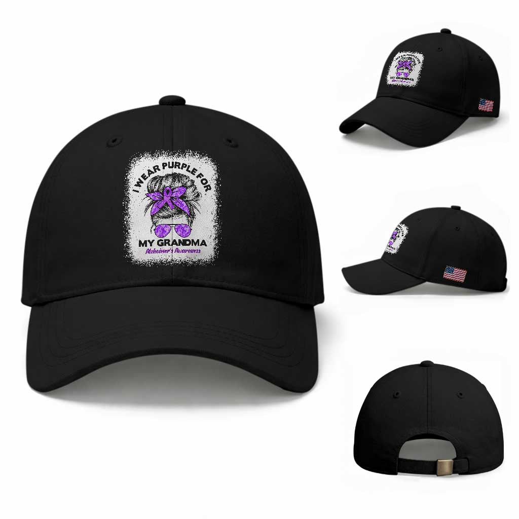 I Wear Purple For My Grandma Baseball Cap Alzheimers Awareness Messy Bun Graphic