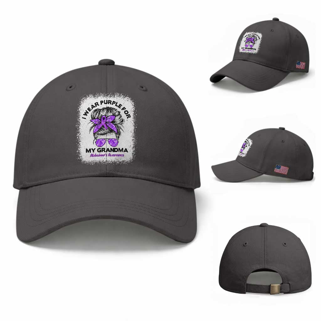 I Wear Purple For My Grandma Baseball Cap Alzheimers Awareness Messy Bun Graphic