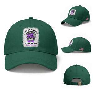 I Wear Purple For My Grandma Baseball Cap Alzheimers Awareness Messy Bun Graphic