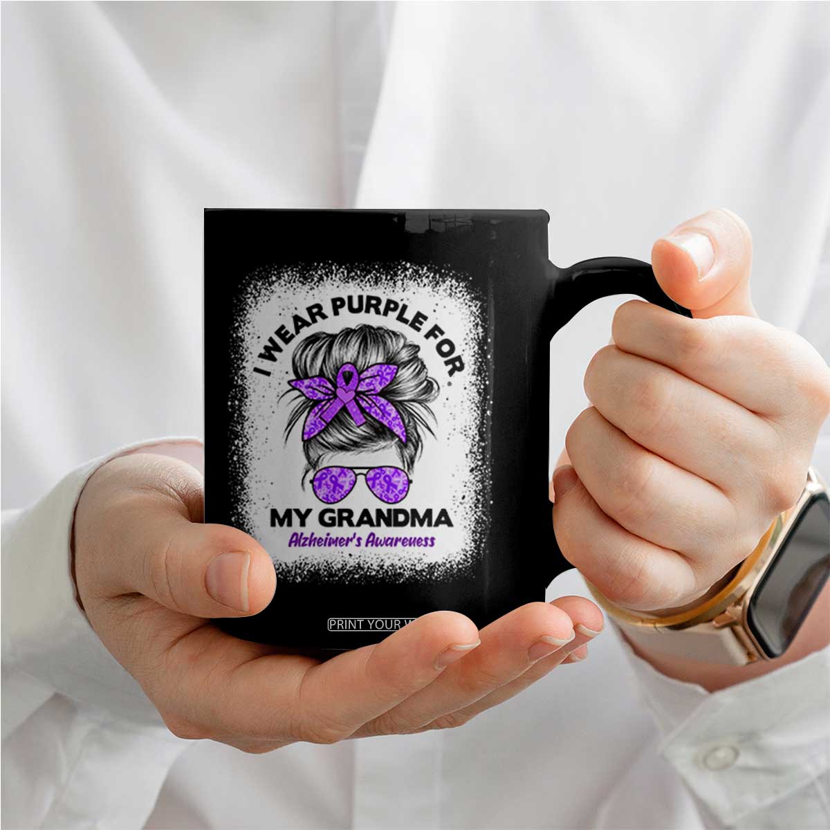 I Wear Purple For My Grandma Coffee Mug Alzheimers Awareness Messy Bun Graphic