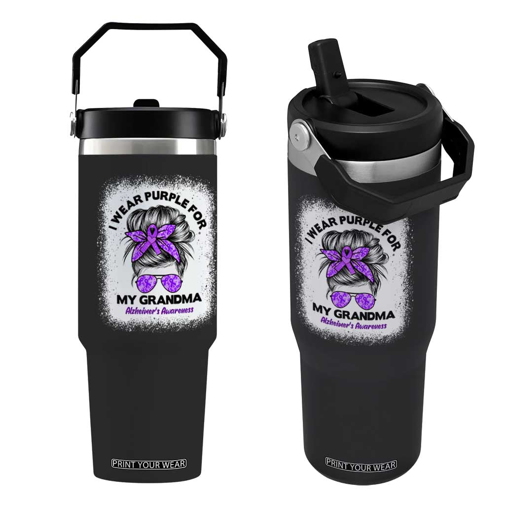 I Wear Purple For My Grandma Flip Straw Tumbler Alzheimers Awareness Messy Bun Graphic TS12 One Size: 30 oz Black Print Your Wear