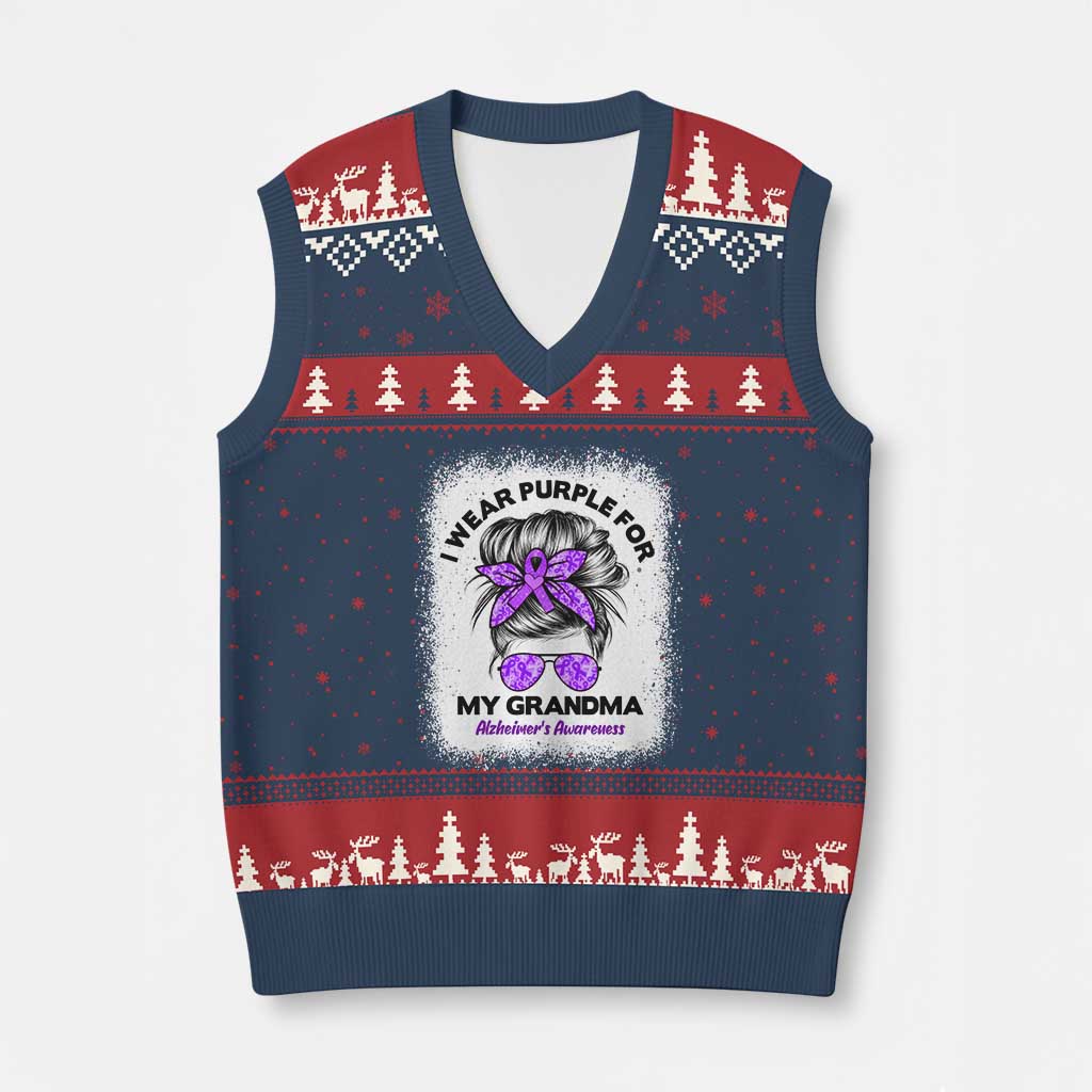I Wear Purple For My Grandma V-Neck Knit Sweater Vest Alzheimers Awareness Messy Bun Graphic TS12 Navy Red Print Your Wear