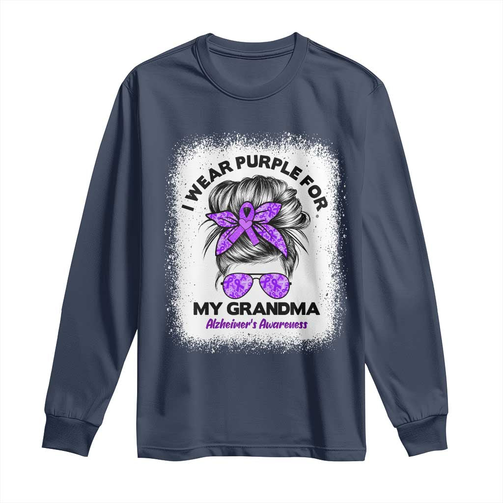I Wear Purple For My Grandma Long Sleeve Shirt Alzheimers Awareness Messy Bun Graphic