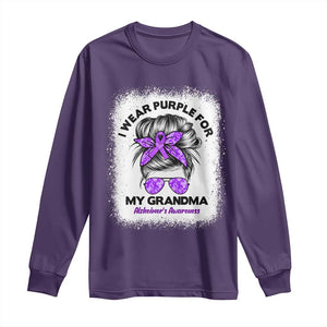 I Wear Purple For My Grandma Long Sleeve Shirt Alzheimers Awareness Messy Bun Graphic