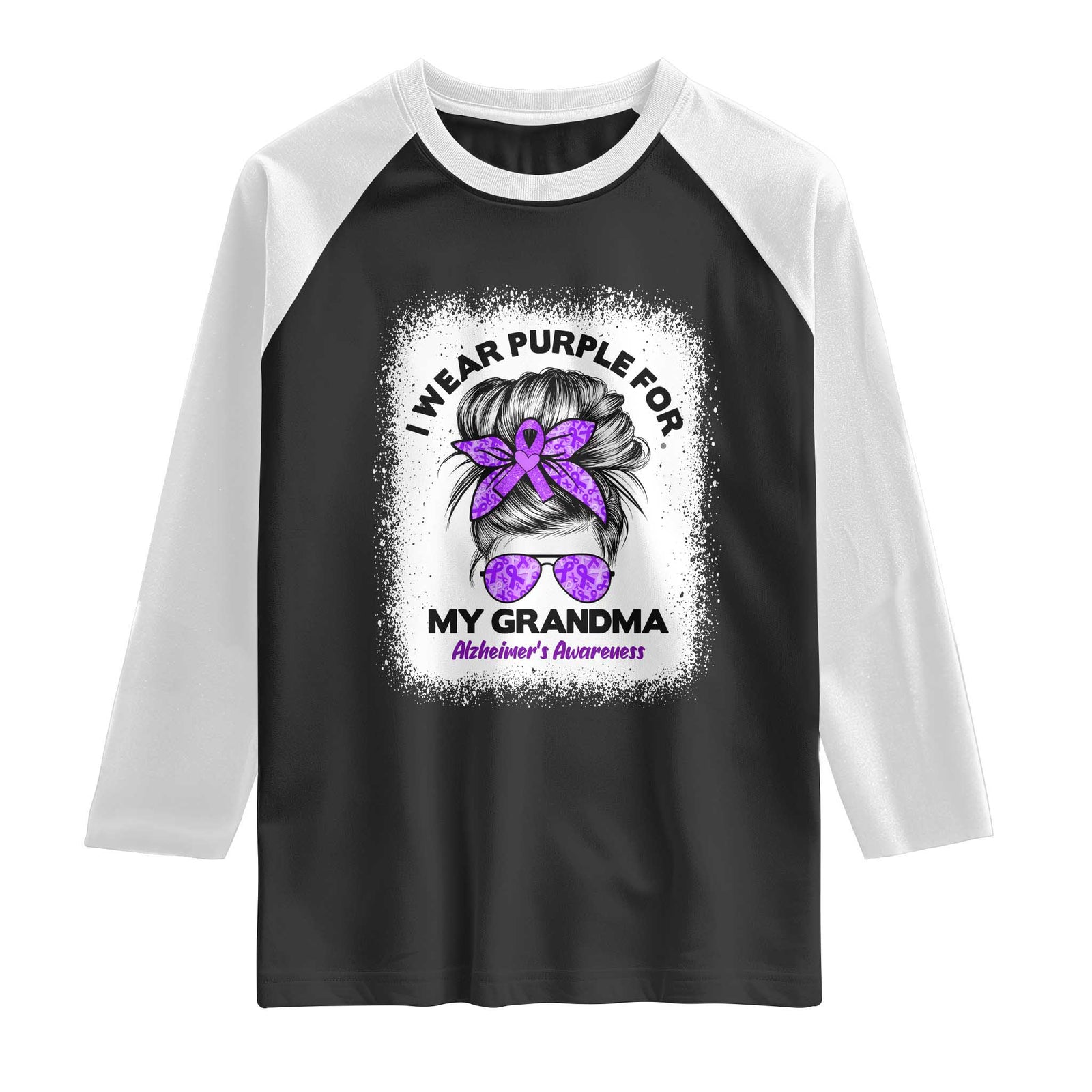I Wear Purple For My Grandma Raglan Shirt Alzheimers Awareness Messy Bun Graphic TS12 Black White Print Your Wear