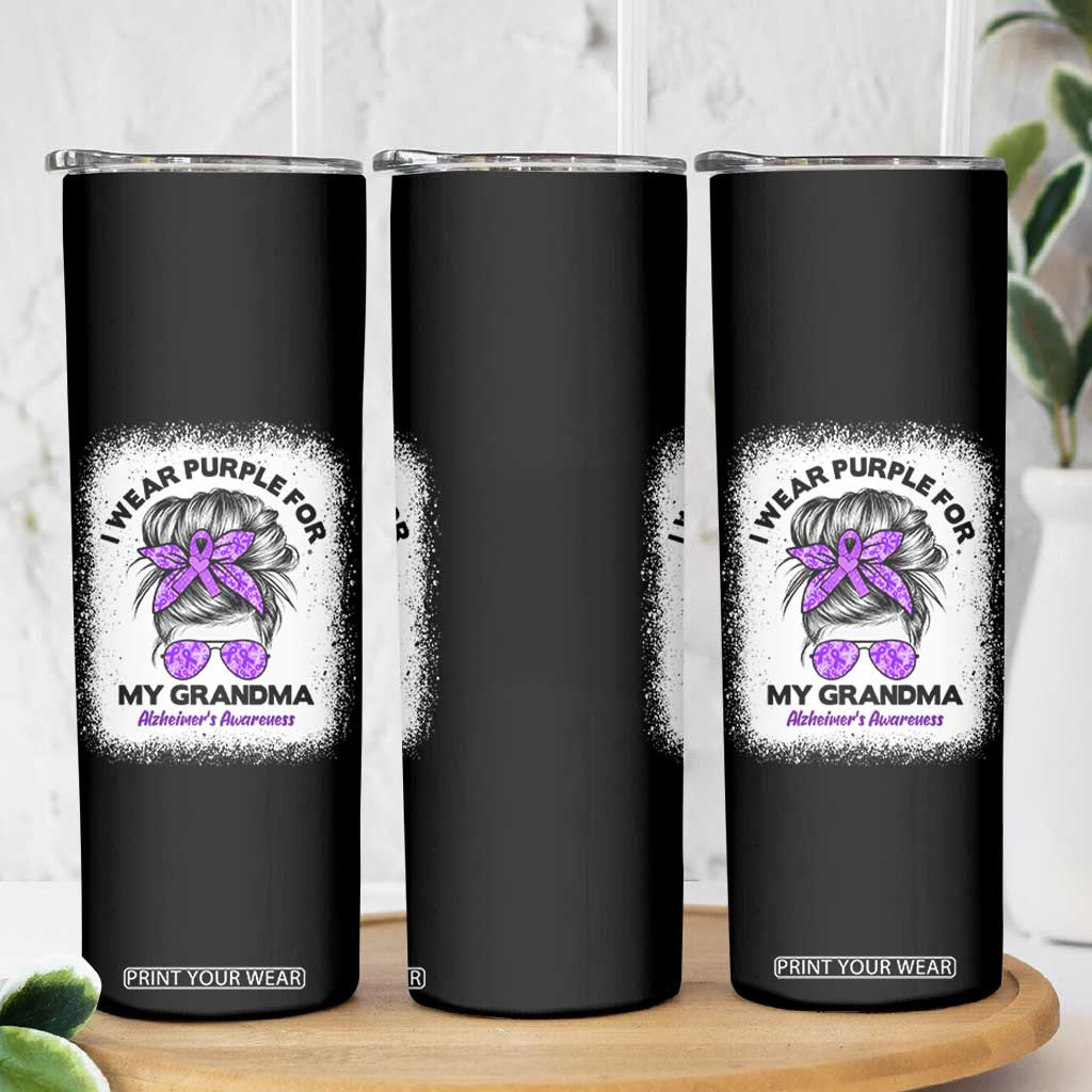 I Wear Purple For My Grandma Skinny Tumbler Alzheimers Awareness Messy Bun Graphic