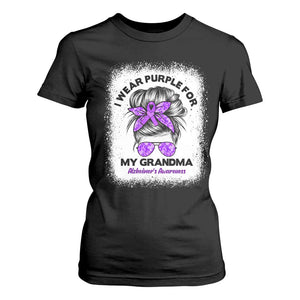 I Wear Purple For My Grandma T Shirt For Women Alzheimers Awareness Messy Bun Graphic