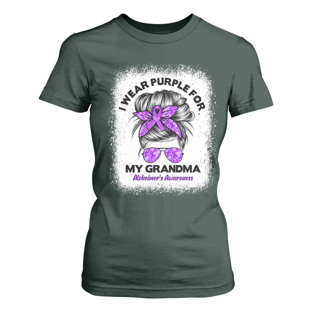 I Wear Purple For My Grandma T Shirt For Women Alzheimers Awareness Messy Bun Graphic