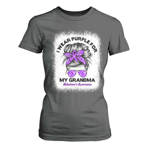 I Wear Purple For My Grandma T Shirt For Women Alzheimers Awareness Messy Bun Graphic