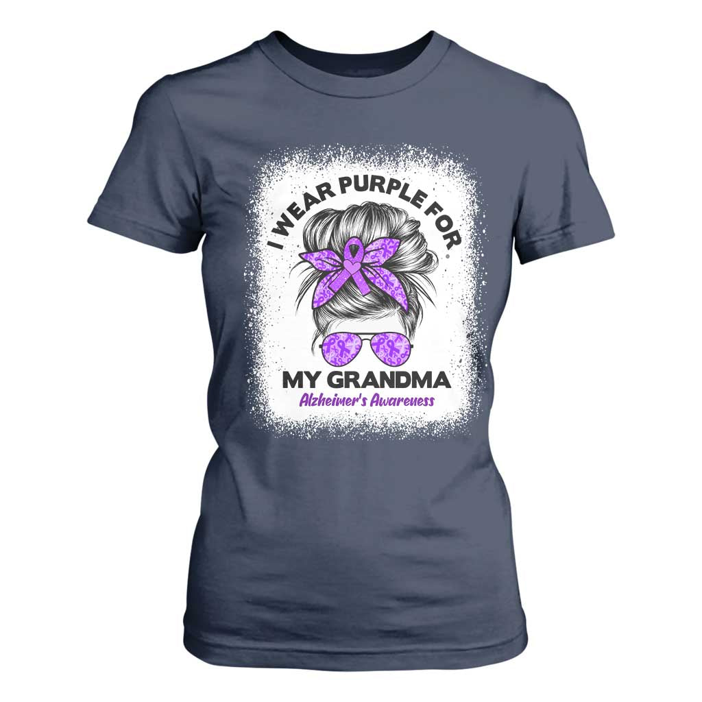 I Wear Purple For My Grandma T Shirt For Women Alzheimers Awareness Messy Bun Graphic