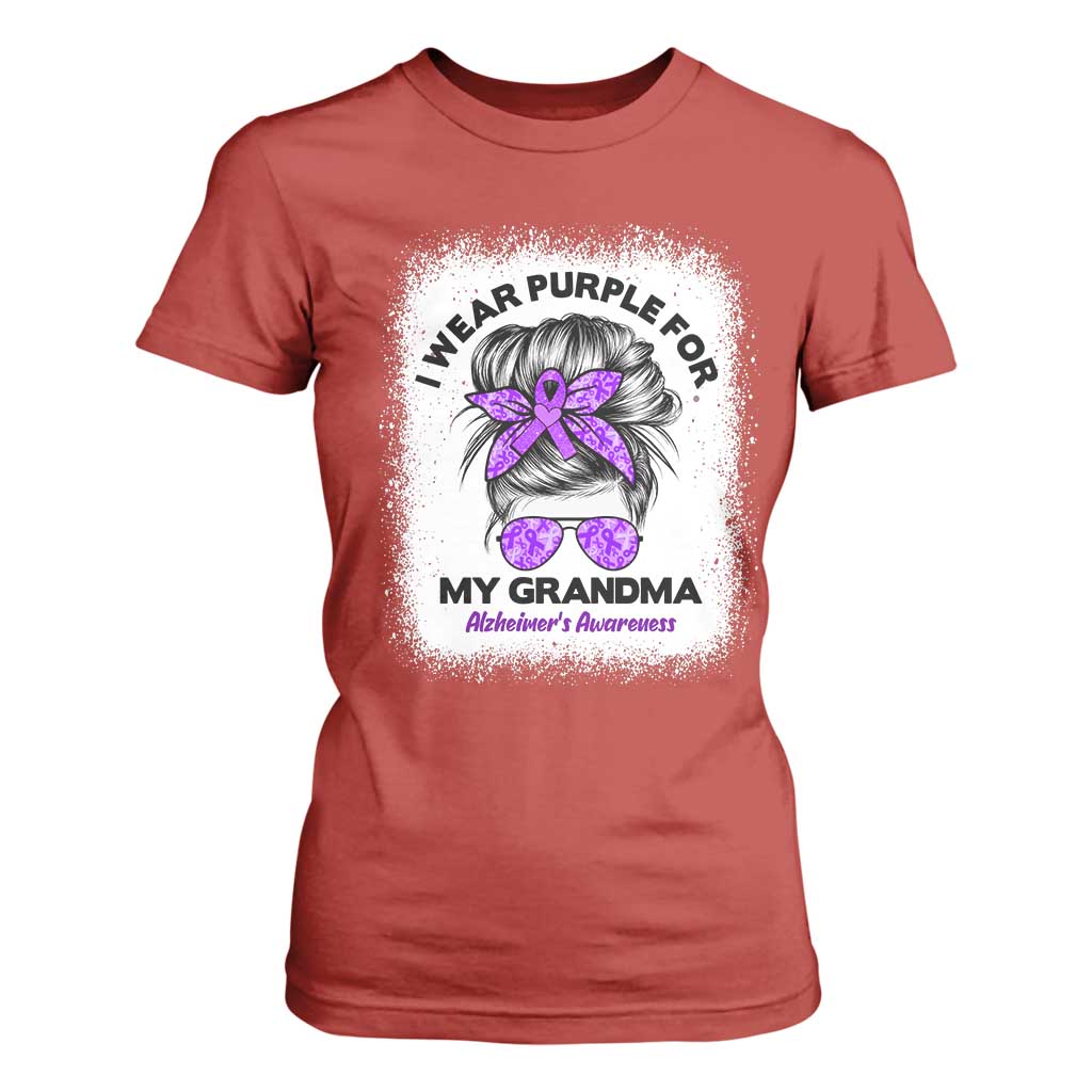I Wear Purple For My Grandma T Shirt For Women Alzheimers Awareness Messy Bun Graphic