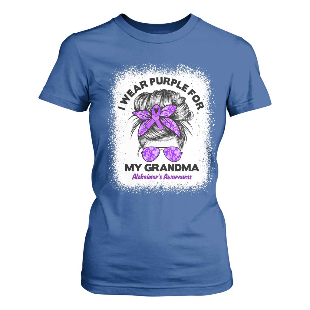 I Wear Purple For My Grandma T Shirt For Women Alzheimers Awareness Messy Bun Graphic