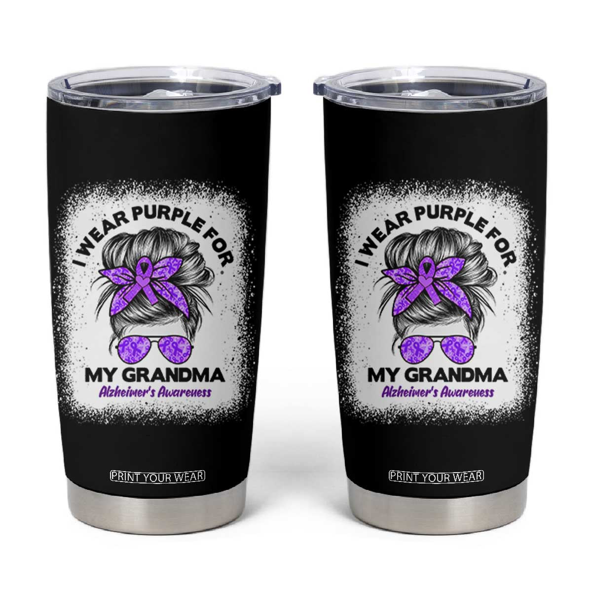 I Wear Purple For My Grandma Tumbler Cup Alzheimers Awareness Messy Bun Graphic