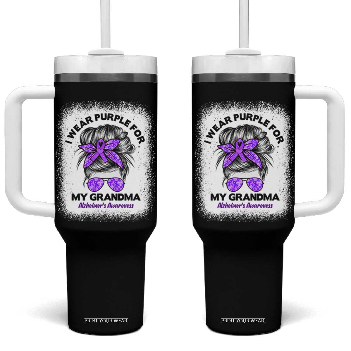 I Wear Purple For My Grandma Tumbler With Handle Alzheimers Awareness Messy Bun Graphic TS12 One Size: 40 oz Black Print Your Wear