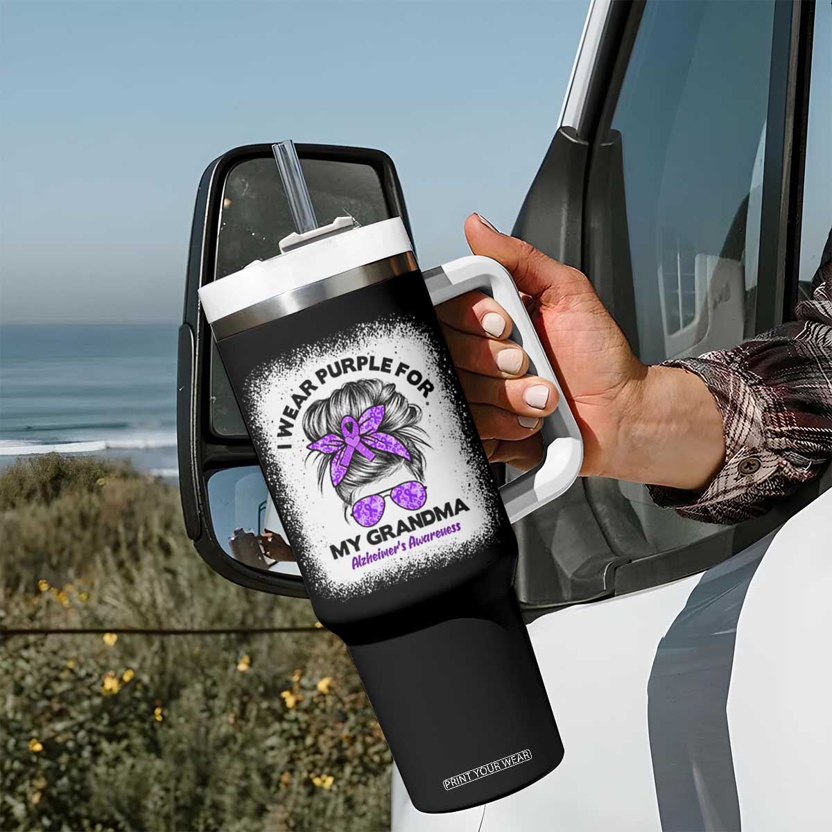I Wear Purple For My Grandma Tumbler With Handle Alzheimers Awareness Messy Bun Graphic