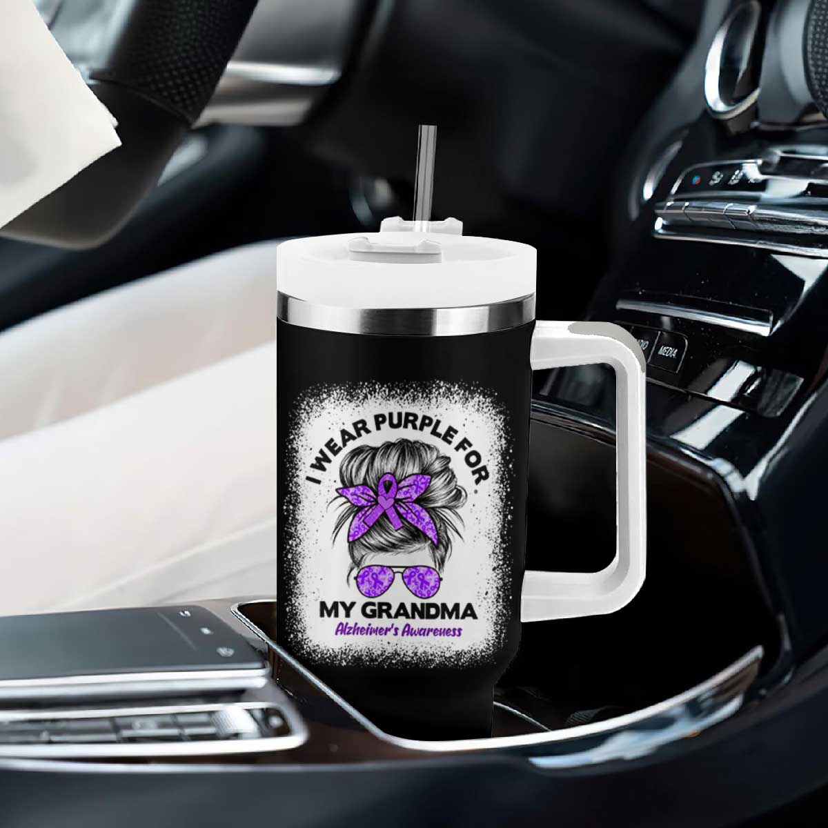 I Wear Purple For My Grandma Tumbler With Handle Alzheimers Awareness Messy Bun Graphic