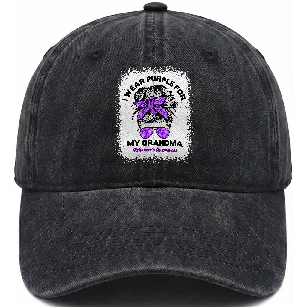 I Wear Purple For My Grandma Washed Cotton Baseball Cap Alzheimers Awareness Messy Bun Graphic TS12 Print Your Wear