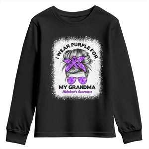 I Wear Purple For My Grandma Youth Sweatshirt Alzheimers Awareness Messy Bun Graphic