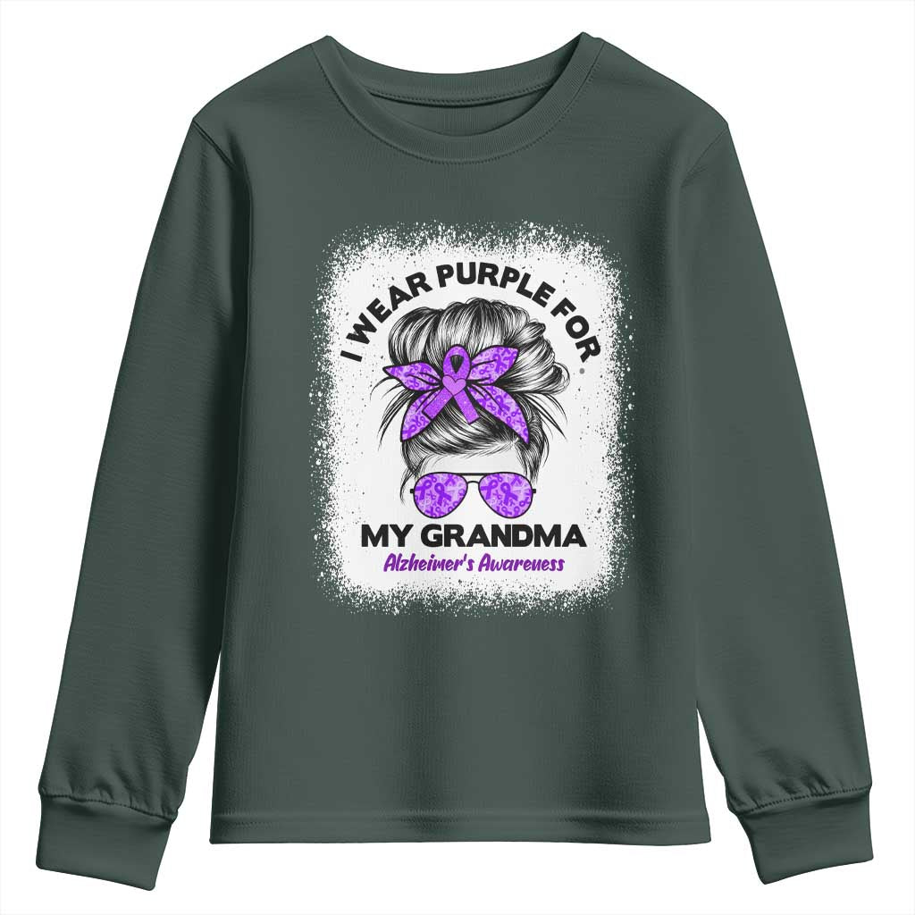 I Wear Purple For My Grandma Youth Sweatshirt Alzheimers Awareness Messy Bun Graphic