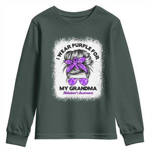I Wear Purple For My Grandma Youth Sweatshirt Alzheimers Awareness Messy Bun Graphic
