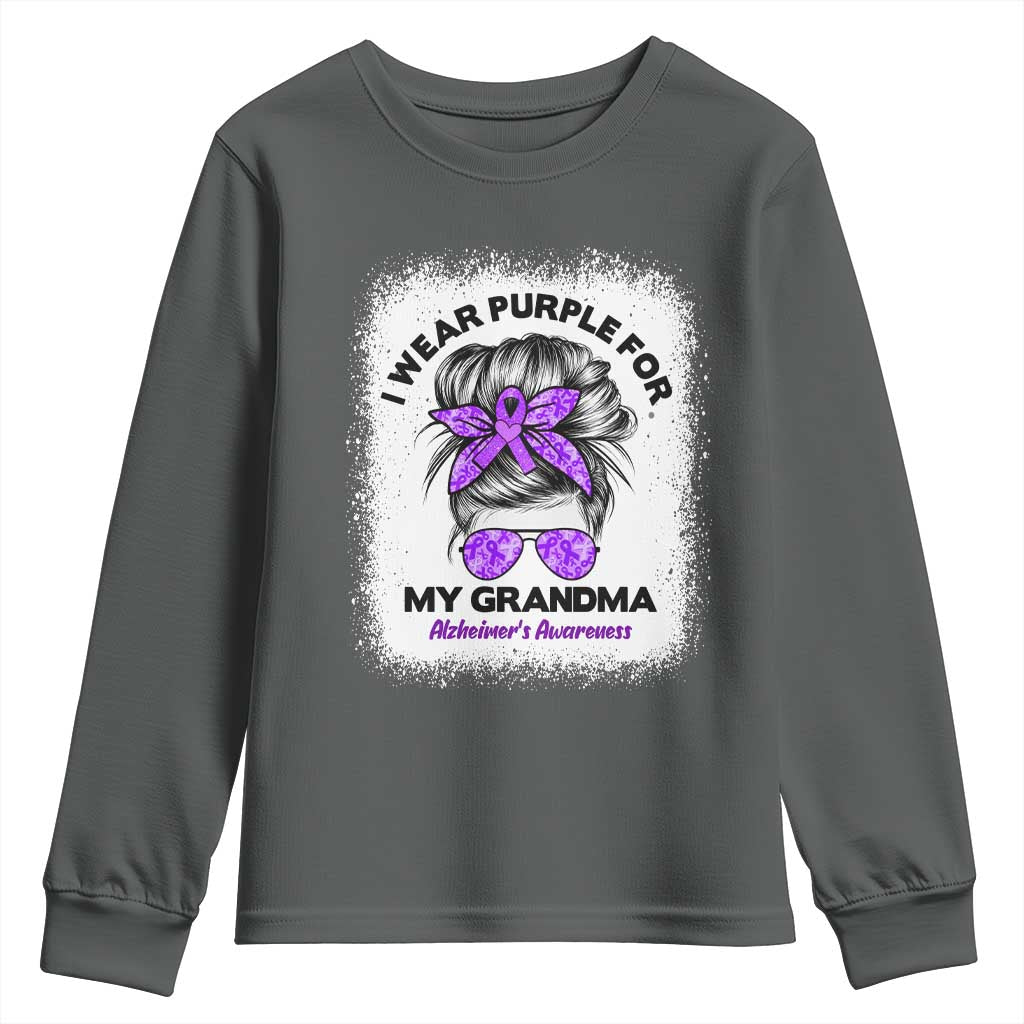 I Wear Purple For My Grandma Youth Sweatshirt Alzheimers Awareness Messy Bun Graphic