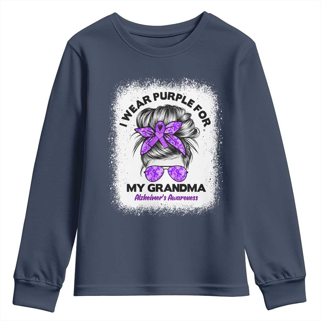 I Wear Purple For My Grandma Youth Sweatshirt Alzheimers Awareness Messy Bun Graphic
