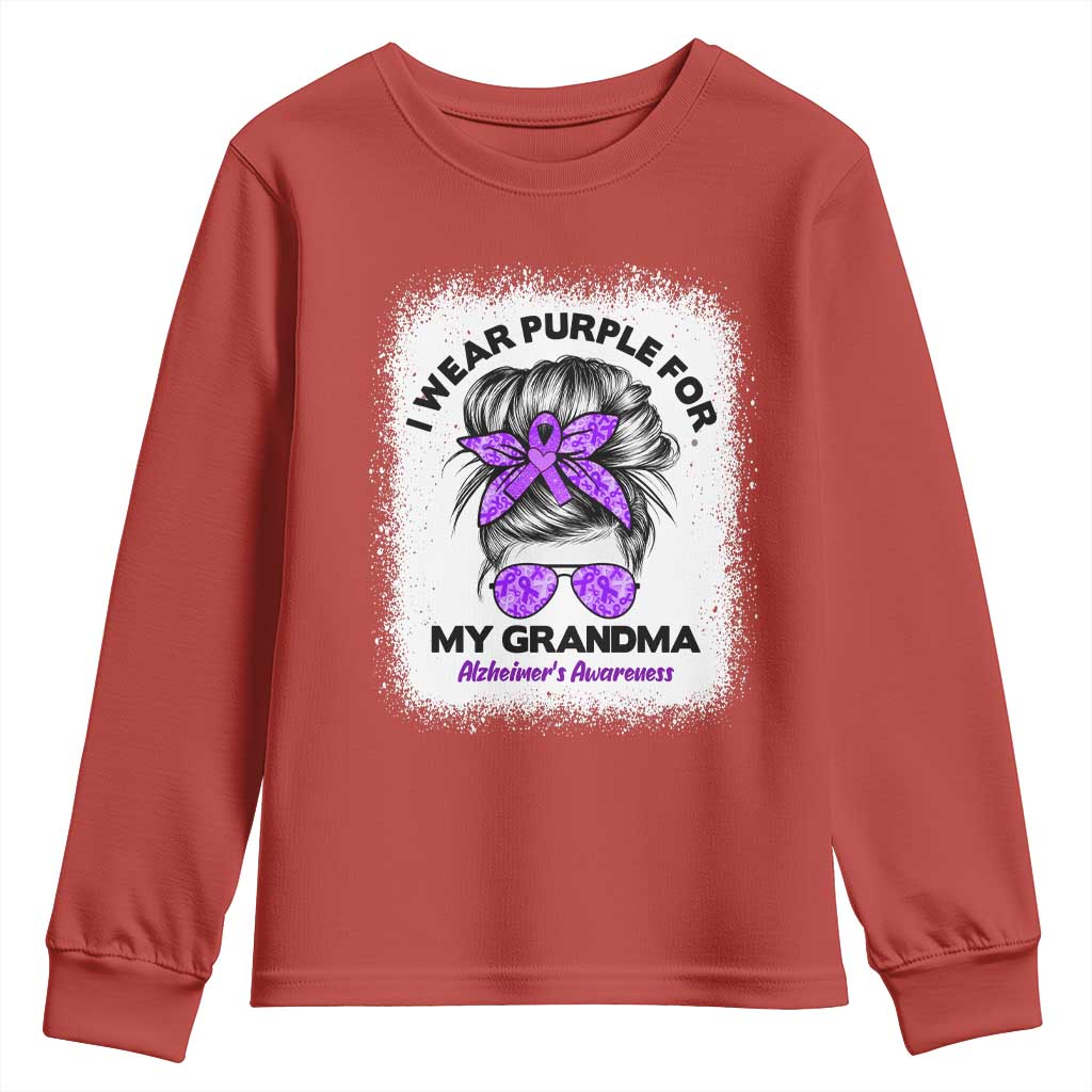 I Wear Purple For My Grandma Youth Sweatshirt Alzheimers Awareness Messy Bun Graphic