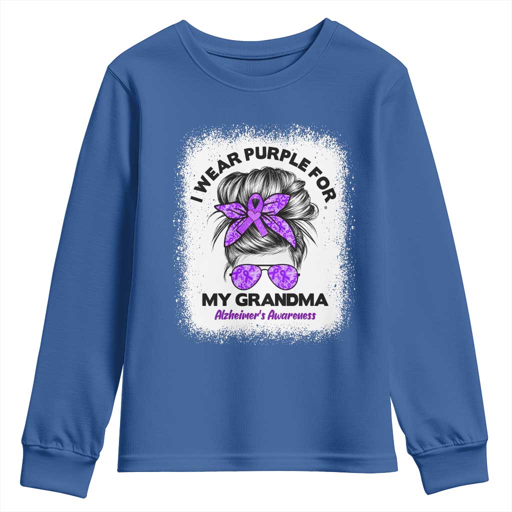 I Wear Purple For My Grandma Youth Sweatshirt Alzheimers Awareness Messy Bun Graphic