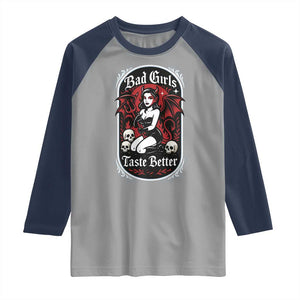 Bad Girls Taste Better Raglan Shirt Adult Humor Devil Girl Gift TS12 Sport Gray Navy Print Your Wear