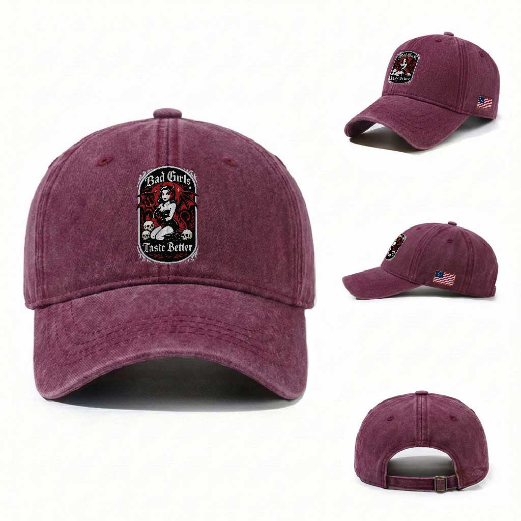 Bad Girls Taste Better Washed Cotton Baseball Cap Adult Humor Devil Girl Gift TS12 Washed Cap Universal Fit Burgundy Print Your Wear