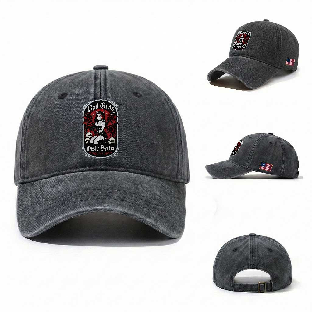Bad Girls Taste Better Washed Cotton Baseball Cap Adult Humor Devil Girl Gift TS12 Washed Cap Universal Fit Dark Gray Print Your Wear
