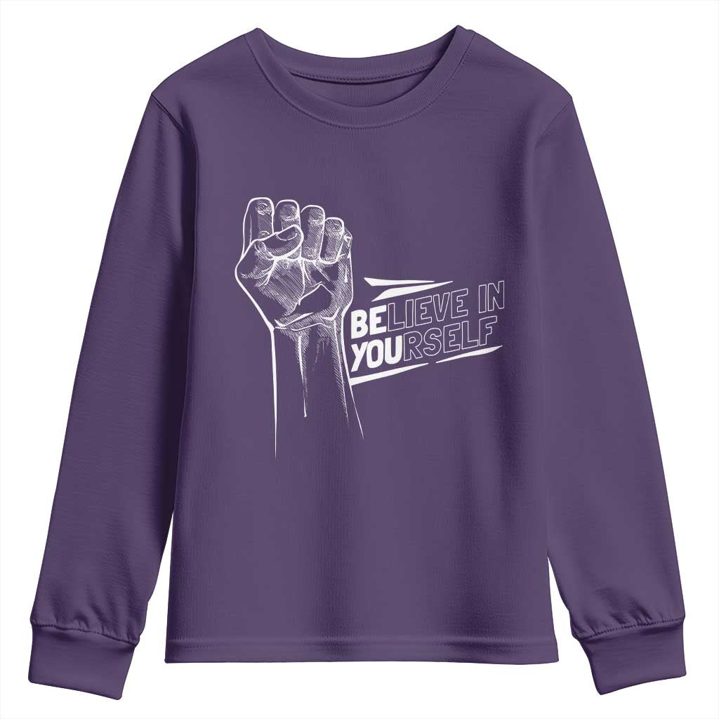 Believe In Yourself Youth Sweatshirt Strong Fist Motivational Quote TS12 Purple Print Your Wear