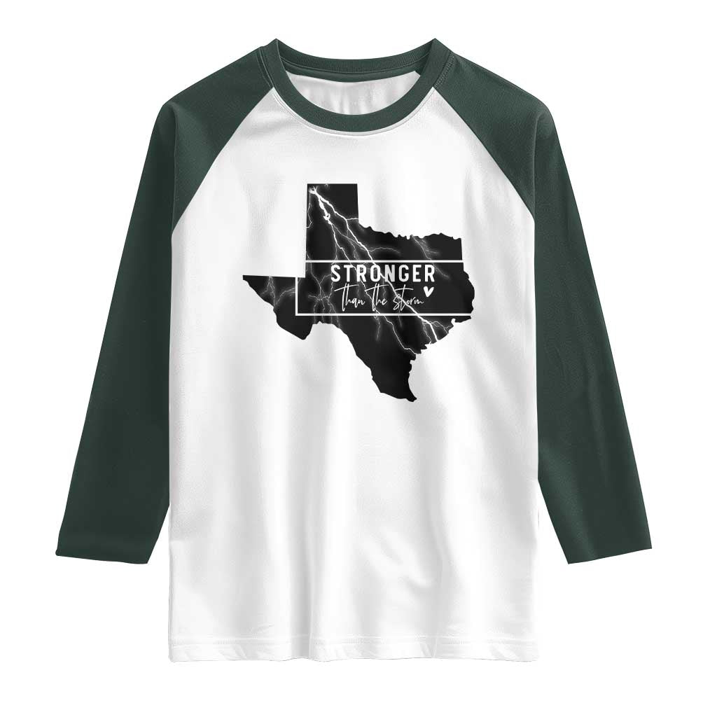 Strong Texas Raglan Shirt Stronger Than The Storm Quote TS12 White Dark Forest Green Print Your Wear