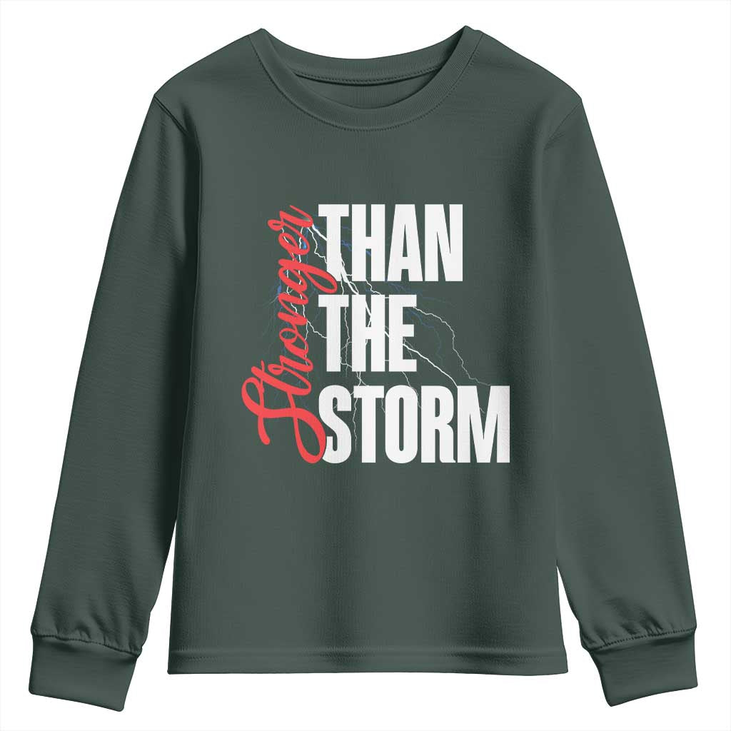 Stronger Than The Storm Youth Sweatshirt Positive Mindset Motivation TS12 Dark Forest Green Print Your Wear