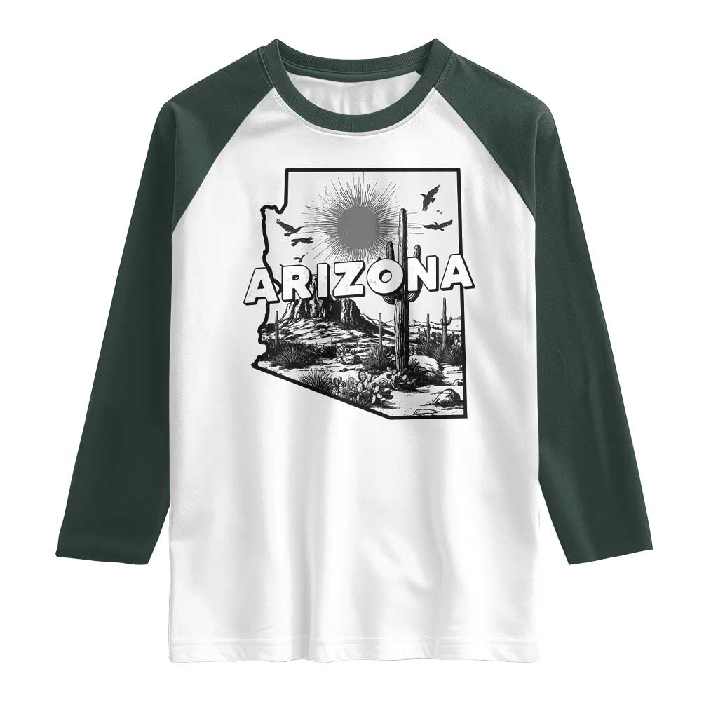 Arizona Cactus Vintage State Map Desert Gift Raglan Shirt TS12 White Dark Forest Green Print Your Wear