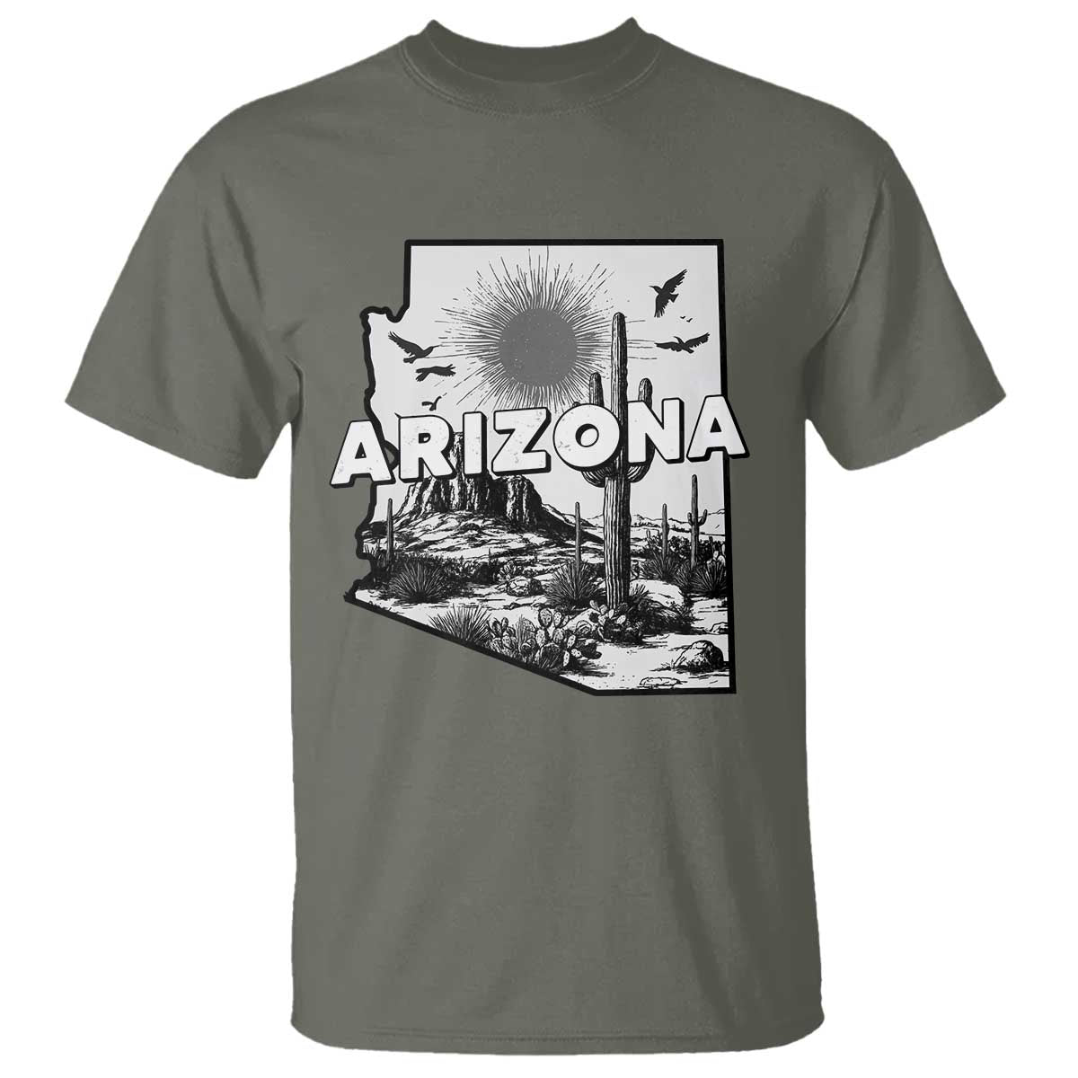 Arizona Cactus Vintage State Map Desert Gift T Shirt TS12 Military Green Print Your Wear