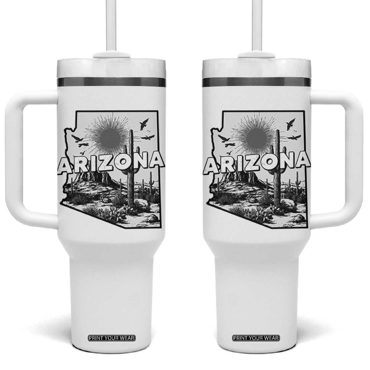 Arizona Cactus Vintage State Map Desert Gift Tumbler With Handle TS12 One Size: 40 oz White Print Your Wear