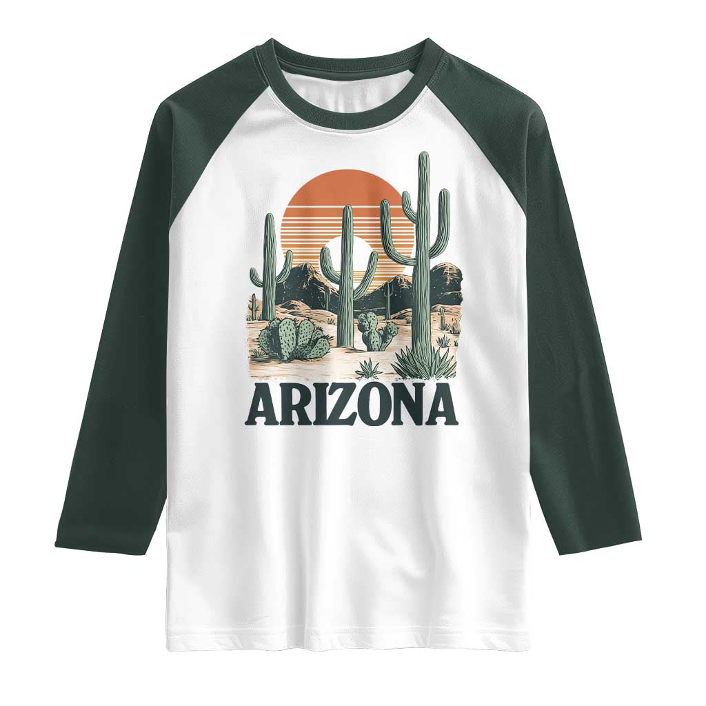 Arizona Desert Sunset Raglan Shirt Vintage Cactus Grand Canyon State Gift TS12 White Dark Forest Green Print Your Wear